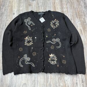 Vintage Sweater Cardigan Small Christmas Embroidery NWT Black Natural Fiber
